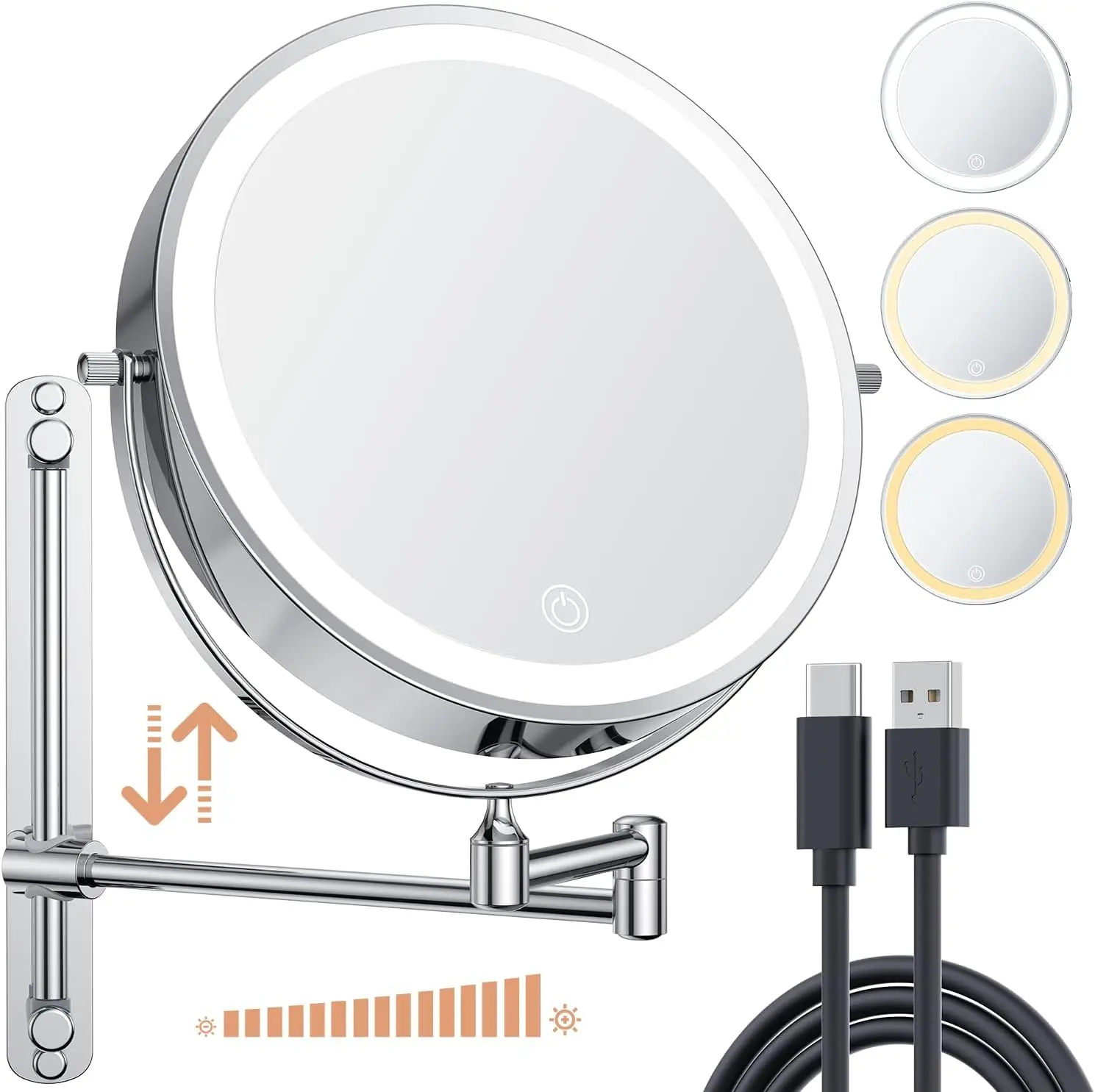 Hotel Project Design Height Adjustable Battery Powered Wall Mount Magnifying X10 LED Vanity Mirror