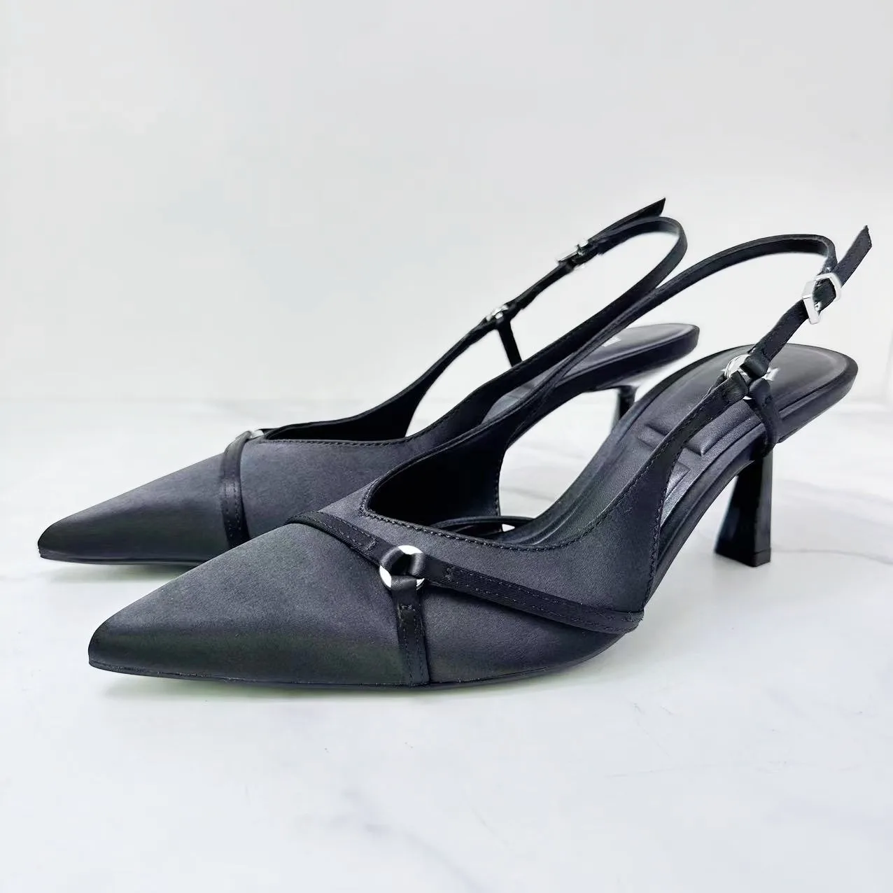 H158 748 Za 2024 New Womens Heeled Sandals Black Pointed Toe High Heel