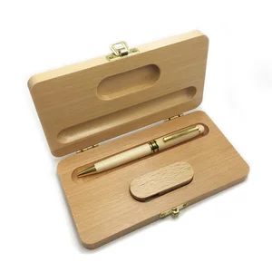 High Quality Luxury Custom Engraved Logo Gift Set Wood Pen USB Flash Drives With Wood Box