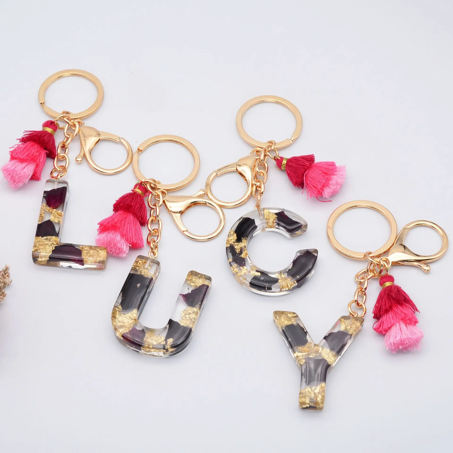 Surfside & Co Gold Leaf Letter Resin Pom Pom Keychain 2 inches::CustOm