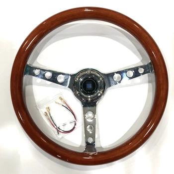 Universal 380mm 15inch Auto Classic Real Wood Steering Wheel Racing Steering Wheel With Chrome Spoke Rivet Wood