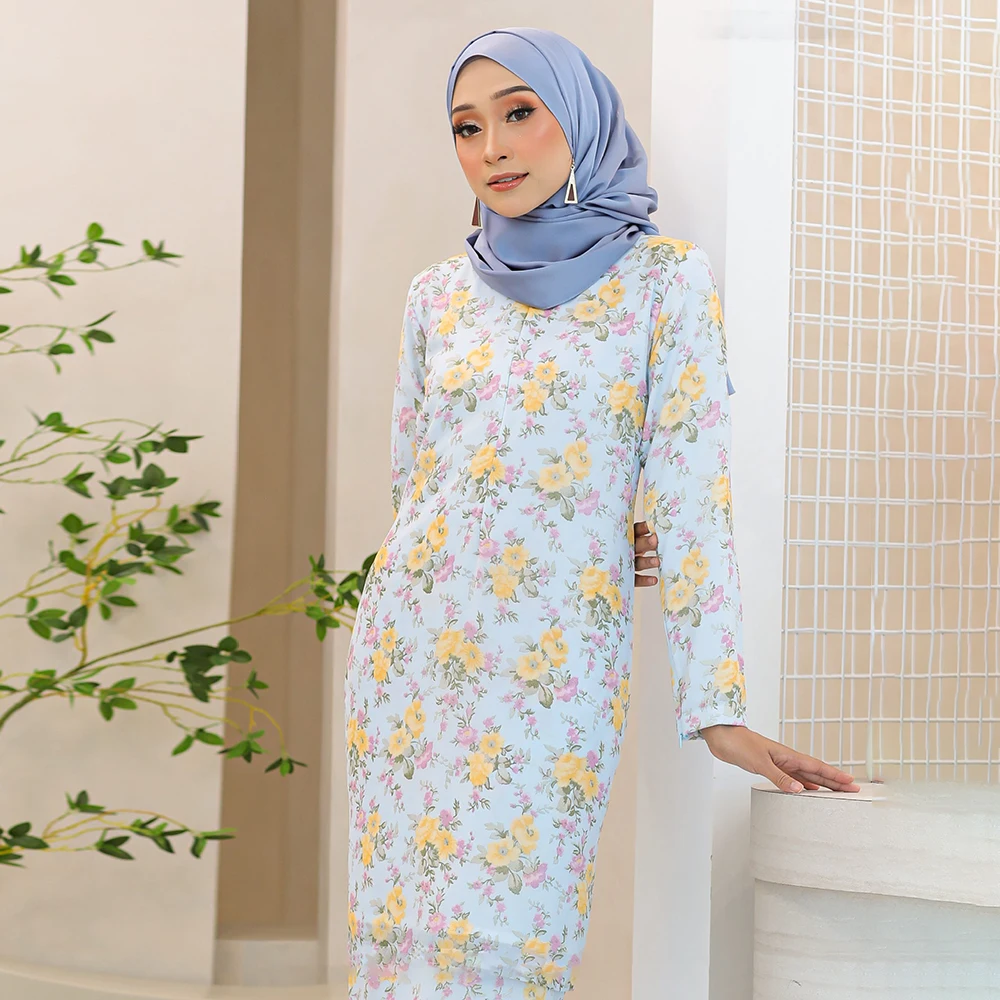 2023 Malaysia Traditional Custom Pattern Blouse Skirt Set  Floral Printing Heavy Chiffon CoTudung Girl Baju Kurung