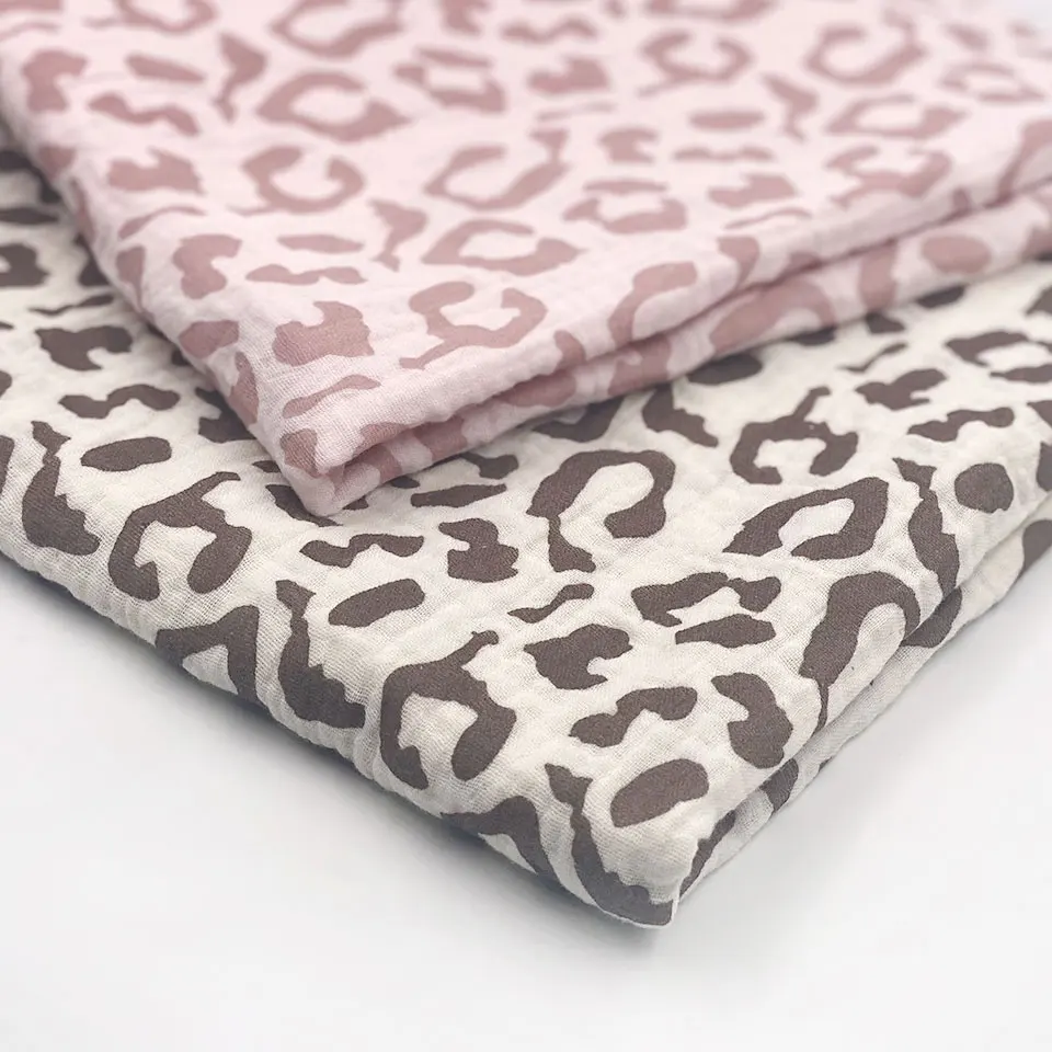 Leopard Grain Animal Cotton Printed Crinkle 100% Cotton Double Layers Gauze  Muslin Fabric for Baby Swaddle Garment