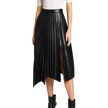 Custom womens skirts falda plus slit leather lady black pleated midi skirts casual club PU cool street skirt