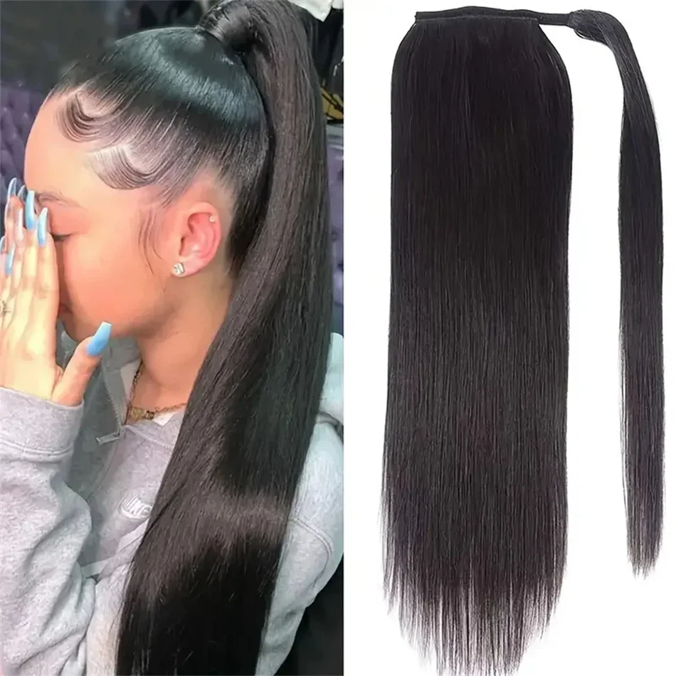 Queue de cheval lisse brésilienne Remy de 8 à 32 pouces avec clip magique enroulé autour de la queue de cheval en couleur noire naturelle_voghion.com