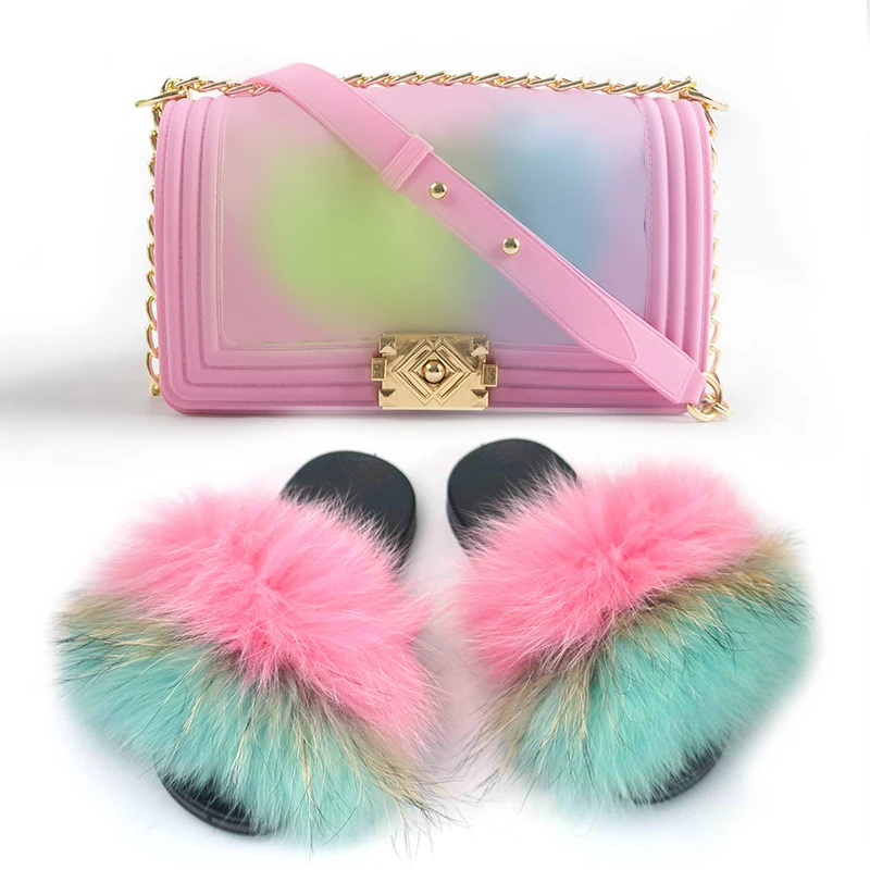 Furry slides store with matching purse