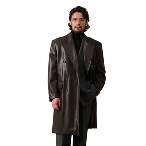 Closure Collar Double Breasted Chester Leather Coat for Men Mid to Long Casual Retro Solid Color Jacket for Autumn and Winter