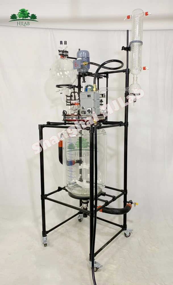 HJLab Customizable Explosion Proof 100L Jacketed Glass Reactor with PTFE Coated and 400mm ID Glass Lid