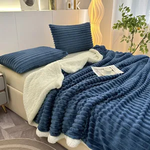 Cozy Solid Stripped Jacquard Luxury Fleece Sherpa Throw Blanket Warm Thick Flannel Double Bed Cover Quilt Winter Sofa Couch