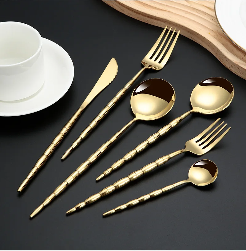High Quality 18/10 Stainless Steel Cutlery Set Bamboo Handle Knife Fork Spoon Hotel Silverware Gold Cutlery Set for Restaurant
