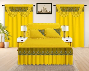 American Luxury Embroidery Lace Bedskirt Set with Quilted Filling 5 PCS With Curtains & Pillowcase for Home or Hotel