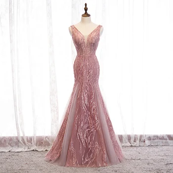 Newest Design Elegant Pink Party Dress Bead Lace Mermaid Applique V-Neck Bandage Evening Gown