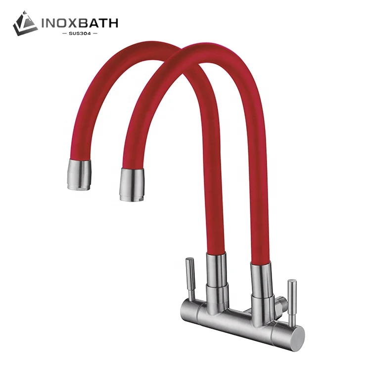 Red silicone long neck wall mount flexible cold kitchen faucet double handle spout water tap