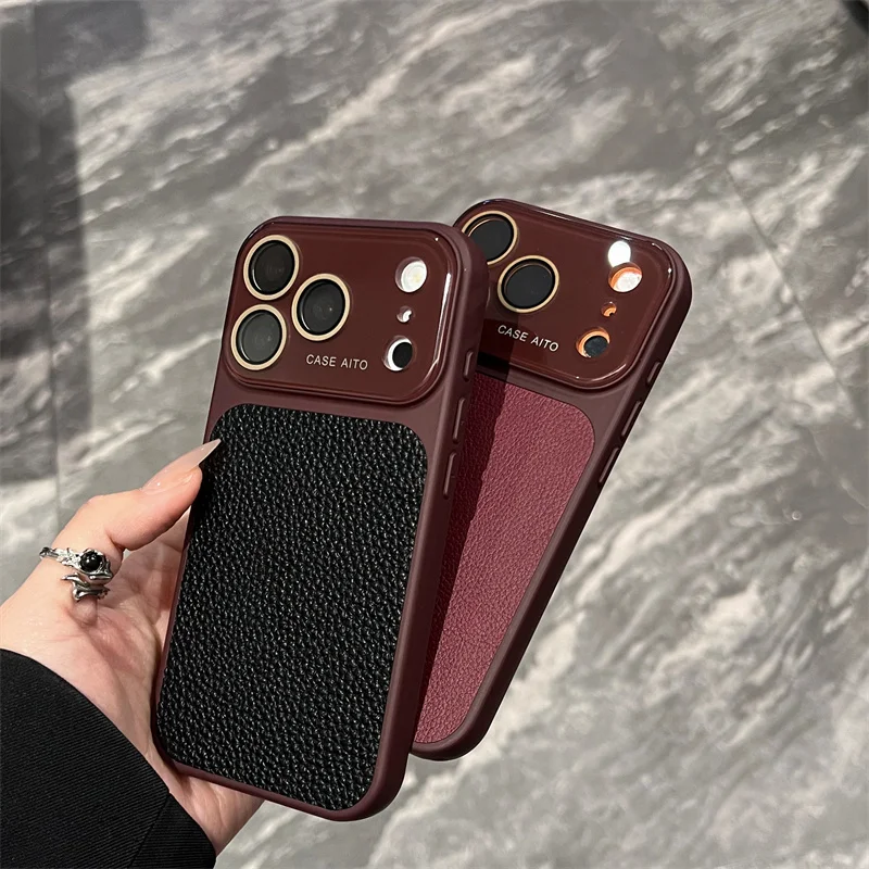 Luxury Lichee Pattern Leather Phone Case for iPhone 17 16 15 14 Pro Max Hard PC Camera Window Back Cover