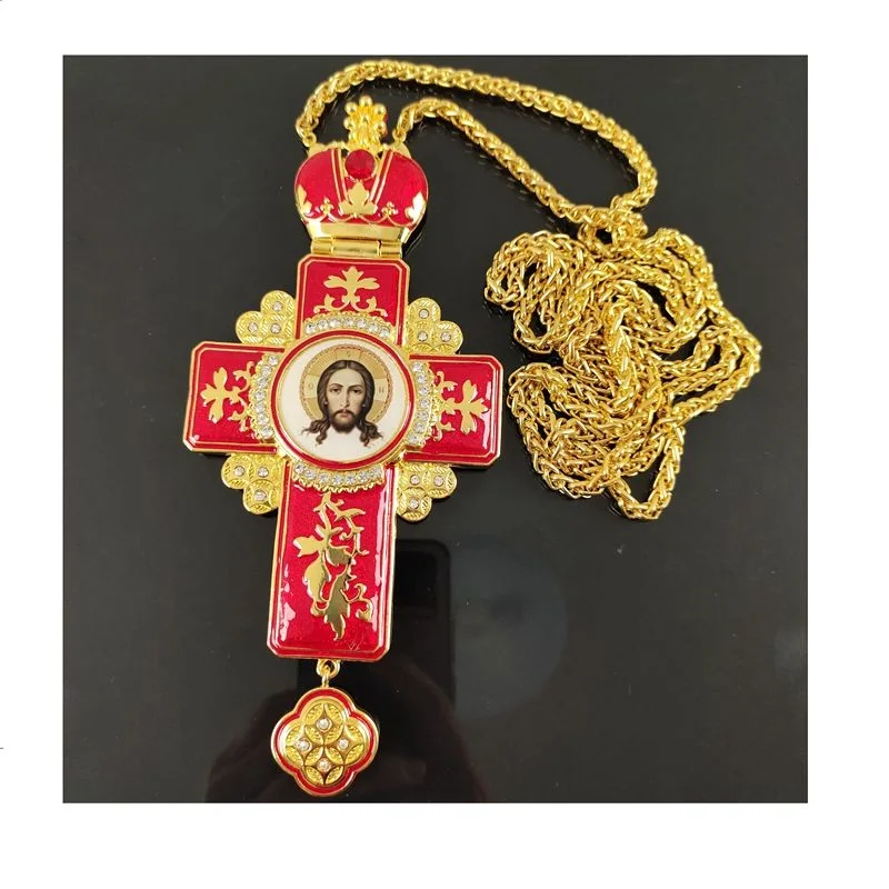Transparent Red Enamel Craft on Orthodox Bishop Top Ranking Pectoral Cross Necklace for Church Prayer