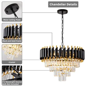 JACKSUN Luxury Round Gold and Black Iron Frame Clear Glass Chandeliers Modern 5 Tier Pendant Light Fixtures Hotel Living Room