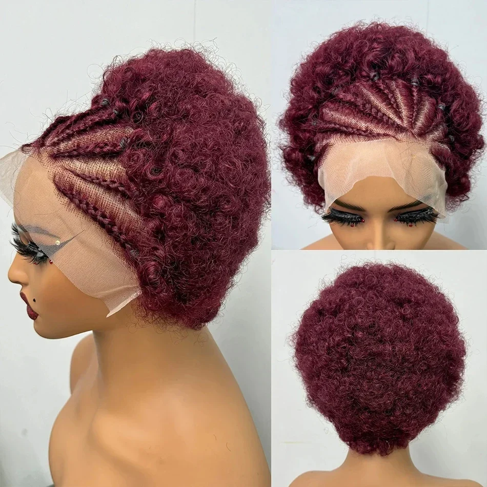 99J Bourgogne Faarf 210% Dicht Afro Kinky Curly Mënschlech Hoer Perück mat Zöpfe Bouncy Curly Bob Perück fir Fraen_voghion.com