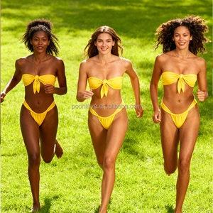 Women's Fashion Solid Color Sexy Split Push up Bikini with Drawstring Floral Fruit Design 2-Piece Set