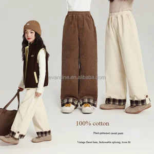 Girls Kids New Vintage Casual Fashion Loose Fit Straight Leg Cotton Corduroy Plaid Trim Flared Hem Customizable