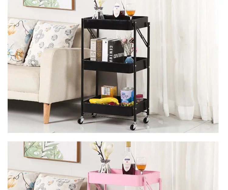 Folding Trolley Rack Floor Movable 3-storey Kitchen Basket Storage Rack Home Snack Storage Rack supplier