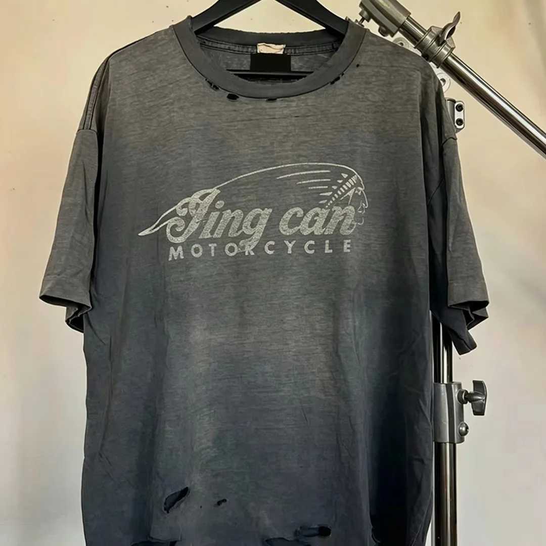 T-shirt dla mężczyzn w stylu wasteland z ciężkiej bawełny, przepłukany, retro wyblakły, ręcznie rozdarty, zniszczony, oversize, możliwość personalizacji