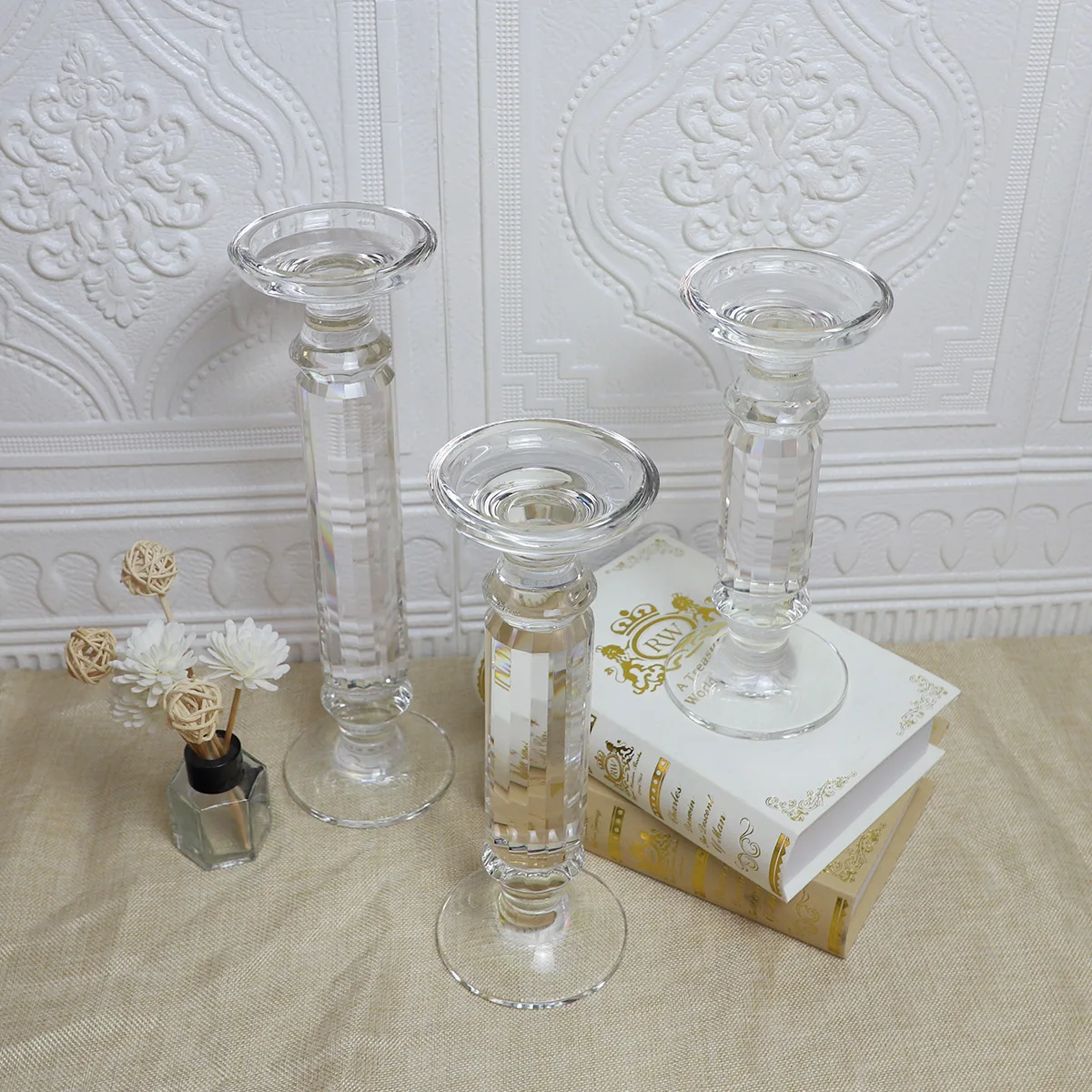 Factory Sell Clear Long Stem Glass Crystal Glass Tea Light Candle Holder 3 Size Set Decorative factory