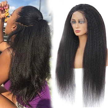 Brazilian Human Hair Kinky Straight Yaki 4x4 5x5 HD Lace Frontal Wigs Natural Virgin Hair Transparent Lace Closure Wig Vendors
