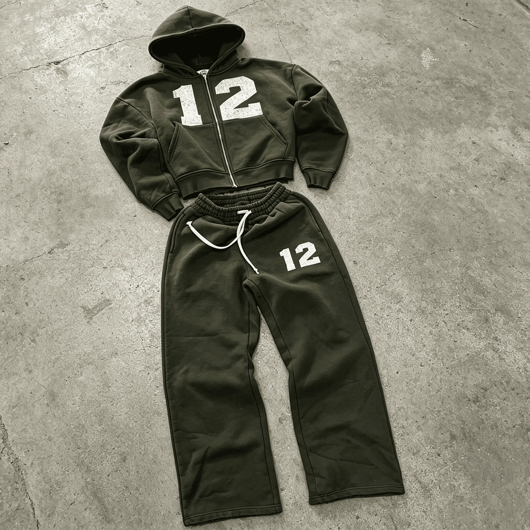 Custom Y2K Number Print Cropped Zip Up Hoodie And Wide Leg Sweatpants Heavyweight Vintage Washed Streetwear 2 Piece Set gallery 6