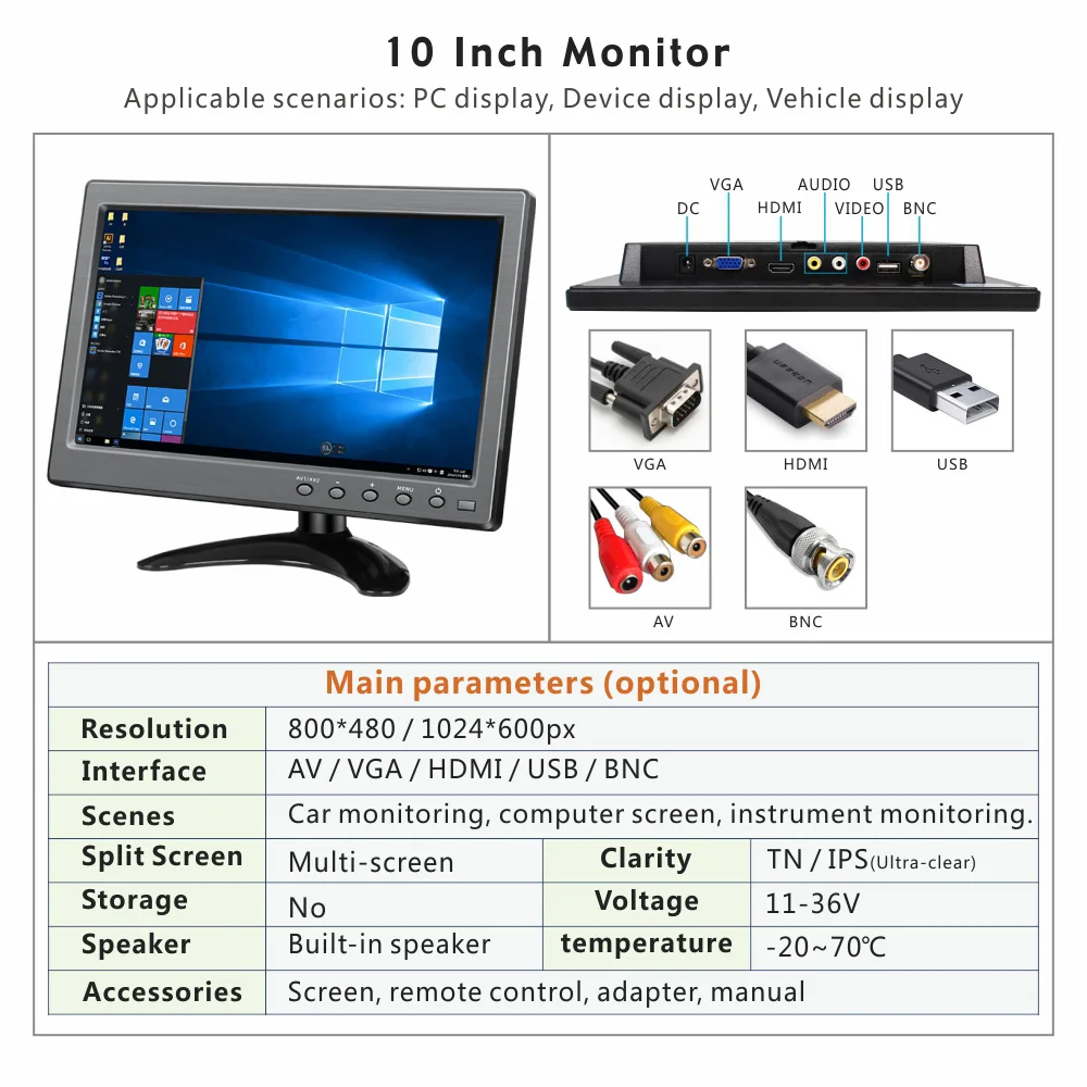 10 дюймов 1080P HD-MI BNC монитор портативный LCD PC TV Stock Trading компьютер дисплей динамик для видео CCTV