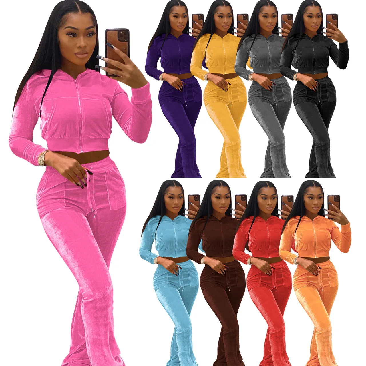 Winter Velvet Two Piece Set Women Tracksuit Zipper Jacket Top and Flare  Pants Matching Sets Casual Sport Suits Wholesale Items - AliExpress