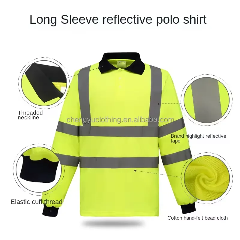 Hi Vis Polo Shirts Long Sleeve T-Shirts Workwear Safety Reflective Tape Construction Tshirts Custom 