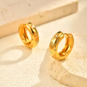 Summer Women Chunky White Zircon Hexagonal Star Design Earrings Waterproof Gold Plated Stainless Steel Thick Hoop Earrings