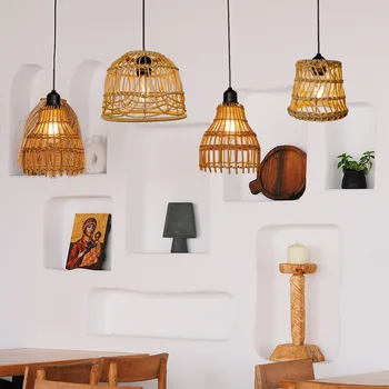 Modern Restaurant Woven Chandelier Lamp Dining Bamboo Decorative Kitchen Lampshade Solar Rattan Light Pendant