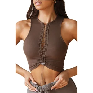 Women's Vintage Summer Sleeveless Knit High Stretchy Ribbed Tank Top Sexy Lace-up Crop for Gym Yoga Sport Woven Clothing