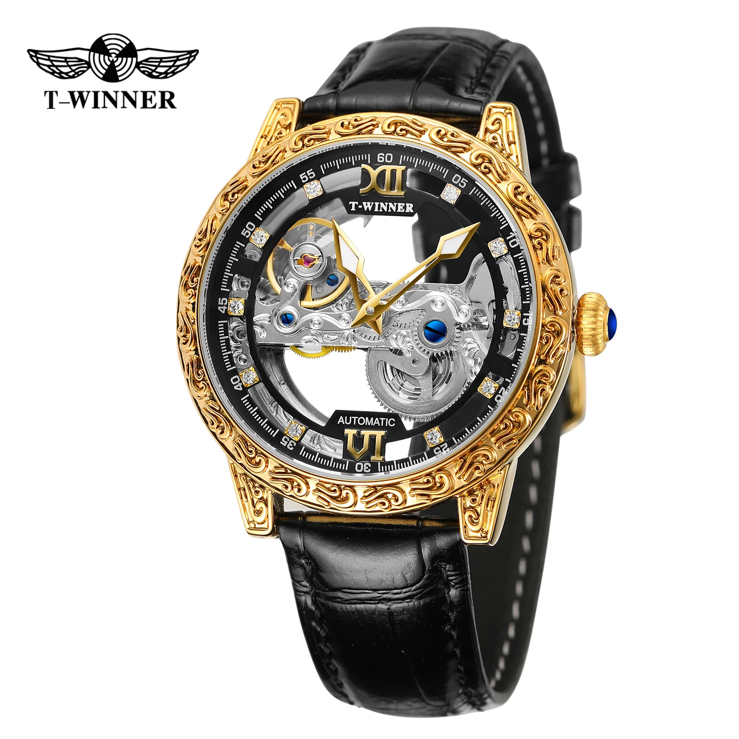 Winner Brand Gold Transparent Wrist Watches Luxury Man Reloj Montre Leather Skeleton Custom Mechanical Automatic Watch for Men