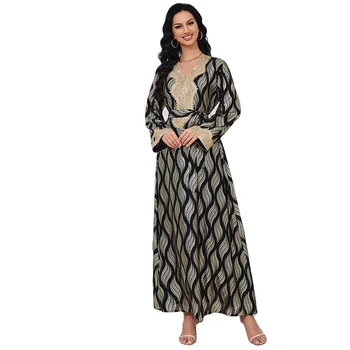 Black Arabic clothing women's v neck hot gold long sleeve fashion wholesale new Abaya Dubai Design 2024 luxury Abaya