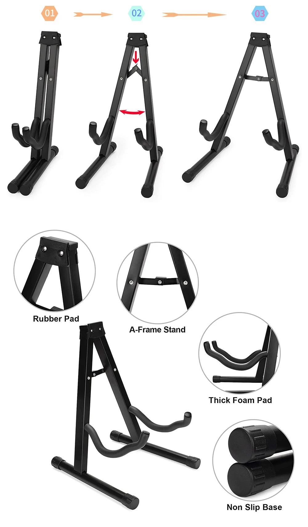 Black Color Portable Foldable Floor Guitar Stand A Frame Style Oem