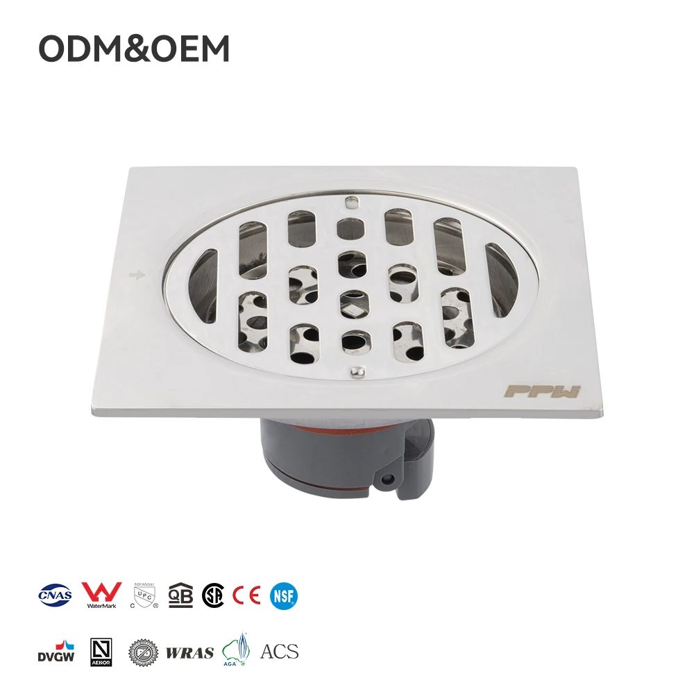 Factory Customized PPW Modern Stainless Steel Square Floor Drainer High Quality Bathroom Sink Strainer 4 Inch Odor-Proof