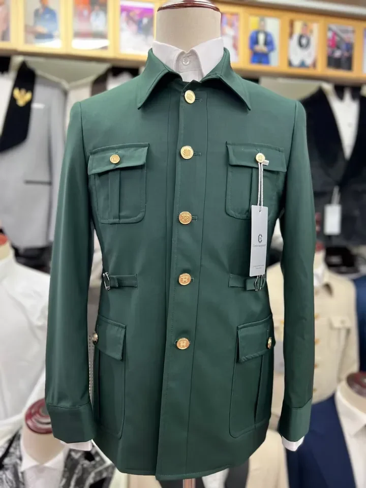 Men's diamond nail heads 2 Button Safari Military Style Olive Suit main image 0