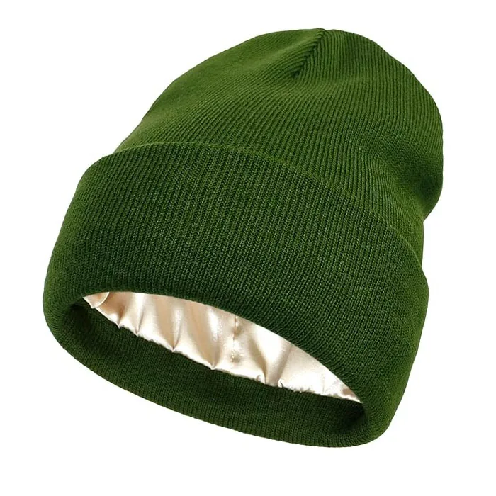 Customized Cuffed Satin Lined Beanie For Women Satin Linned Beanie Hat Soft Silk Lining Skull