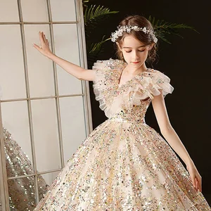 ODM Children Formal Luxury Vintage Flying Sleeves Sequin Party Dress Summer V-neck Long Elegant Girl Evening Dress