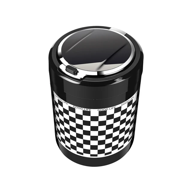High-End Leakproof Metal Detachable Car Ashtray Black and White Grid Design Interior Accessories for Easy Washing With Led Light