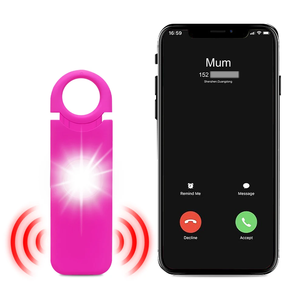 osobisty alarm bezpieczeństwa z funkcją wywołania SOS o mocy 130 dB oraz transmisją lokalizacji GPS za pośrednictwem SMS, z migoczącą lampką sygnalizacyjną, ładowalny brelok samoochrony dla kobiet