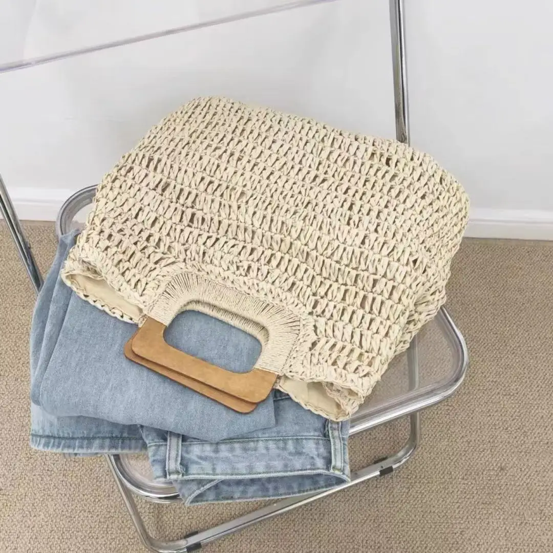 Hot Sale Natural Popular Crochet Handmade Paper Straw Beach Handbag Lady Fashion Bag With Wood Handle