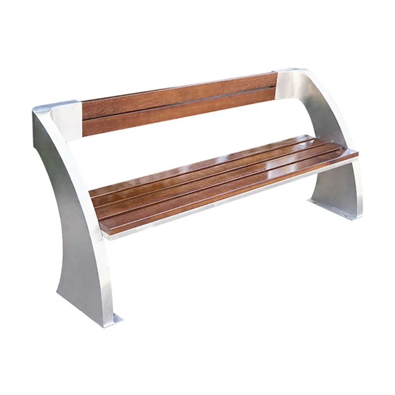 Outdoor park simple rustic wooden bench stainless steel frame chair