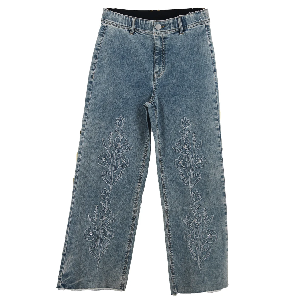 Chic Floral Embroidered Women's Jeans Trendy High Waist Wide Leg Denim Pants Fashion Casual Loose Trousers