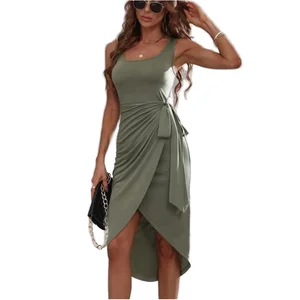 Customize Women's Casual Summer Midi Dress with Solid Color Vest Skirt Modest Design Woven Worsted Fabric Washable Front Logo