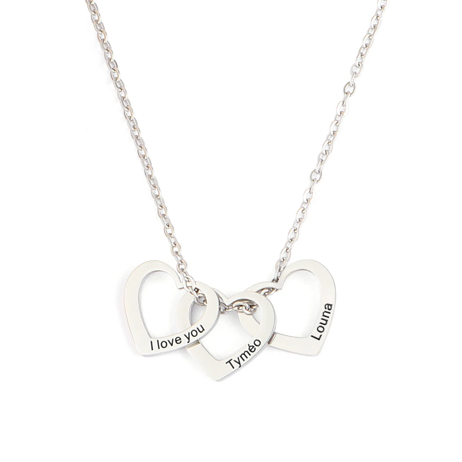 Three Heart Gold Name Necklace Engraved Love Necklace Waterproof Family ...