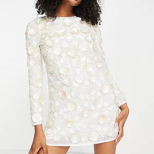 Custom Bohemian Lady Elegant Ladies Long Sleeve Tie Back Sexy Sequined Floral Embellished Women Mini Dress