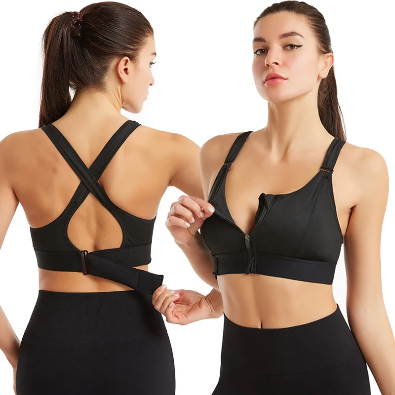 Cross Back Sports Bra with Front Zipper Shockproof Fitness Yoga Gym Plus Size High Elasticity Bra